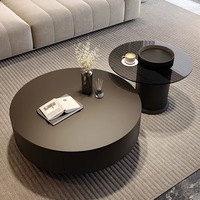 Table Basse Ronde de Luxe et Moderne avec Plateau en Marbre et Verre, Ensemble pour Salon, Tiroirs Multifonctionnels, Meuble Extensible, Design