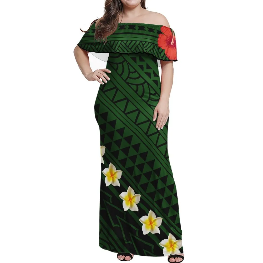 Vestidos largos personalizados para niña y mujer, vestido verde de Samoan polinesiano, estampado Tribal, telas de un hombro, vestido informal de manga corta