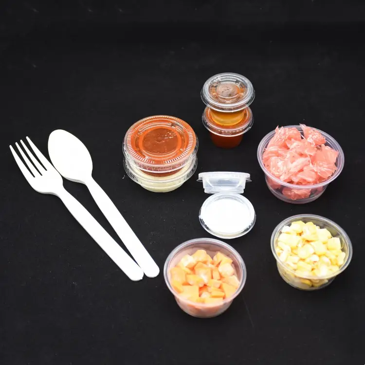 1oz 1.5oz 2oz 3.25oz 4oz 5oz Petits contenants de sauce en plastique transparents jetables à emporter pour restaurant, portion tasse avec couvercles