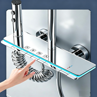 Ensemble de douche 4 fonctions en aluminium spatial électroplaqué avec commande par bouton, lumière d'ambiance, douchette fixe et douchette à main pour salle de bain