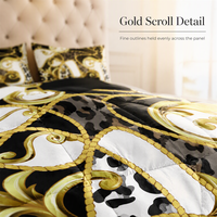 Ensemble de couette baroque matelassée, motif léopard, noir et or, avec 2 taies d'oreiller pour une décoration élégante de la chambre principale