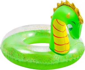 Nova chegada verão brinquedos aquáticos ao ar livre inflável dinossauro anel de natação piscina flutuador com glitters crianças saco parques para a escola verde