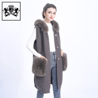 Janefur sans manches femmes filles long gilet cardigan en laine tricoté hiver gris grand col en fourrure de renard gilet pull tricoté