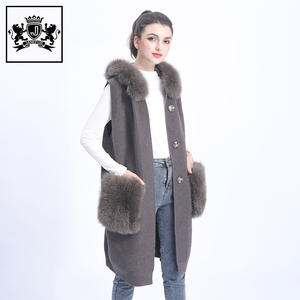 Janefur sans manches femmes filles <span class=keywords><strong>long</strong></span> <span class=keywords><strong>gilet</strong></span> cardigan en laine tricoté hiver gris grand col en fourrure de renard <span class=keywords><strong>gilet</strong></span> pull tricoté - Product Image 1