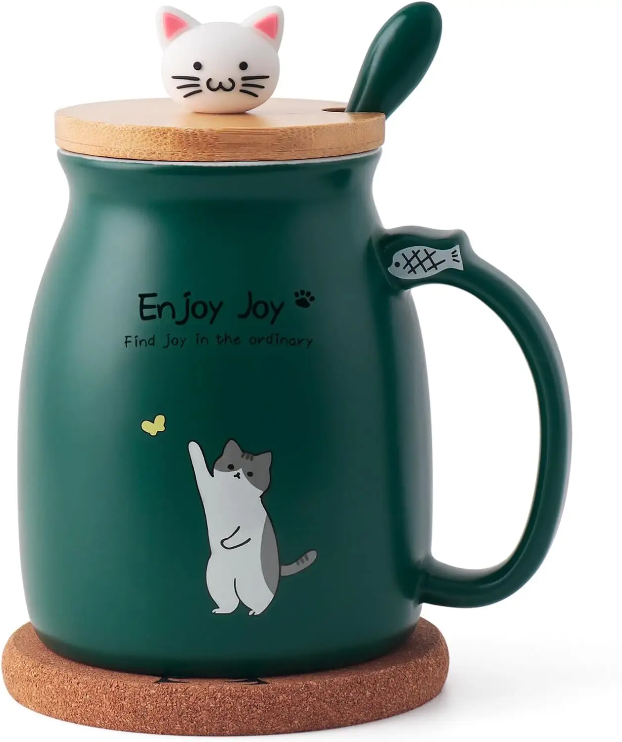 แก้วกาแฟเซรามิกพร้อมฝาไม้รูปแมวน่ารักแก้วเซรามิก16ออนซ์สำหรับเป็นของขวัญ