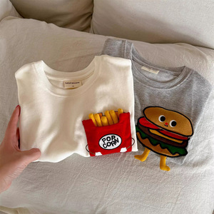 Children's Short Sleeve T-Shirt Off White Gray 3D Fries Burger Cartoon Print Cotton Knitted Summer Wear For Toddlers - Product Image 1