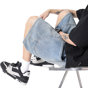 Shorts en jean délavé pour homme, nouvelle collection été, respirant, style Hong Kong, coupe droite ample, taille mi-haute, polyvalent - Product Image 1