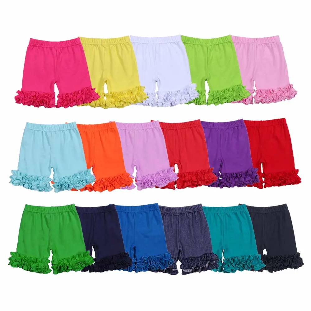 Pantalones cortos de algodón con volantes triples para niñas, Shorts con cintura elástica lisa para bebés, venta al por mayor