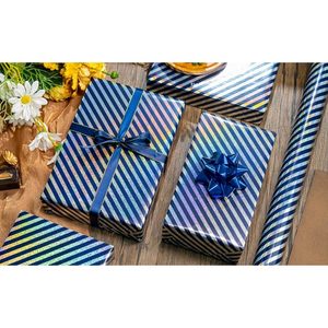 Burymento Holographic Stripe Blue <b>Wrapping</b> <b>Paper</b> 17 In X 32.8 Ft Reversible Gold Gift Wrap For Multiple Occasions - Product Image 6
