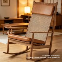 Fauteuil à bascule en rotin minimaliste nordique |   Fauteuil à bascule en bois massif tressé pour salon, balcon et extérieur, siège confortable et relaxant