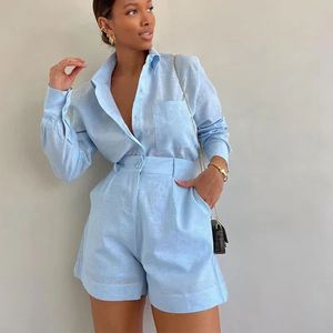 Solid Color Casual Short Western <b>Pants</b> Long Sleeve Shirt Women's 2 Piece Set Fashion - Product Image 4