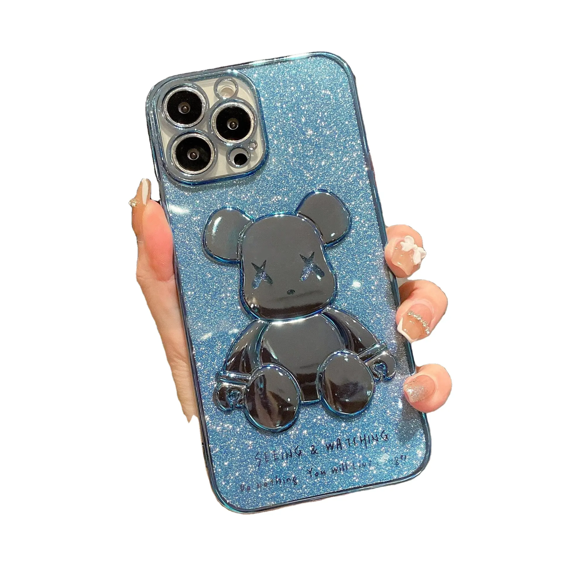 Fashion 3D Electroplating Bear Phone Case for iPhone 13 Mini 12 11 Pro Max XS XR X 8 7 ,Shockproof Soft Cover for iphone 14 pro