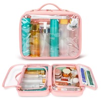 Sac de voyage cosmétique imperméable en PVC transparent à double pliage avec poignée de transport en PU et plusieurs poches zippées