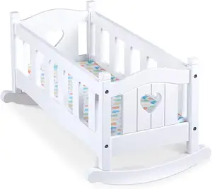 White wooden rocking play cradle for dolls and stuffed animals up to 20 inches tall