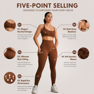 Women Premium Espresso Brown Seamless Yoga Set with Ruched V Neck Sports Bra and <b>Booty</b> Scrunch High Waist Sculpting <b>Leggings</b> - Product Image 2
