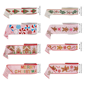 Fita de Natal com Borda Aramada, 10 Jardas/Rolo, 38mm e 63mm de Largura, Rosa, com Motivos de Boneco de Gengibre, Cabana de Neve e Guirlanda - Product Image 2