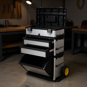 Boîte à outils roulante à 3 tiroirs en alliage d'aluminium avec fermeture à loquet argenté, rangement de garage avec roues pour l'organisation et le transport des outils - Product Image 2