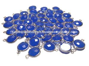 925 forme en argent Sterling à facettes bleu calcédoine pierre gemme connecteur de lunette à la main Double caution charme résultats laiton matériel - Product Image 2