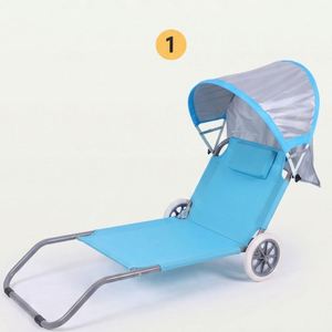 Chaise longue de plage pliable 2-en-1 convertible pour camping en plein air, <span class=keywords><strong>chariot</strong></span> roulant portable avec roues et auvent pare-soleil - Product Image 3