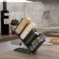 Distributeur de gobelets en métal moderne réglable avec support de couvercle et panier en maille – Organisateur de comptoir pour bar à café, bureau, cuisine, café