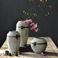 Collection de Vases en Céramique Faits Main avec Bande de Cuivre, Accent Tête de Lion, Glaçure Bulle, Décoration Rustique Vintage pour la Maison, Vente en Gros
