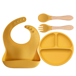 Kit de vaisselle pour bébé, ensemble de bavoir et <span class=keywords><strong>assiette</strong></span>, fourchette et cuillère en Silicone, avec Logo personnalisé, vente en gros - Product Image 2