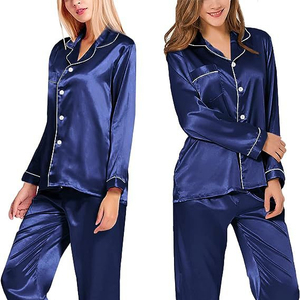 Pijama de Seda de Hielo para Primavera/Verano, Talla Grande, Ropa de Dormir, Manga Larga, Satén, Pantalones Largos para <span class=keywords><strong>Mujer</strong></span>, Tejido Fino, Liso, Transpirable - Product Image 1