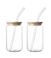 Gelas Air Kaca Transparan Buram 12oz 16oz 20oz dengan Tutup Bambu dan Sedotan, Cangkir Espresso Jus Buah dengan Logo Custom