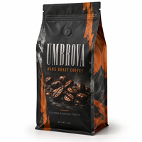 Sachet d'emballage personnalisé pour grains de café avec valve et fermeture éclair, fond plat, haute barrière, qualité alimentaire pour café torréfié foncé