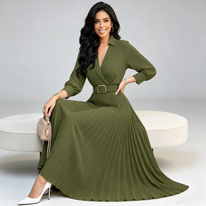 Vestido Maxi Plisado Verde Oliva Talla Grande con Cuello en V, Manga Larga, Cinturón, Corte en A, Elegante para Eventos Formales y de Noche - Product Image 1