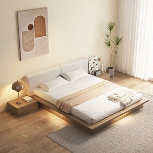 Lit japonais tatami, lit plateforme moderne en bois, lit tatami moderne à faible hauteur avec table de chevet et lumières - Product Image 4