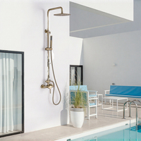 Ensemble de douche extérieur mural moderne avec système de mitigeur en laiton brossé doré, double poignée, douche pluie 10 pouces, barre coulissante en céramique