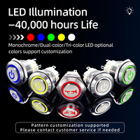 Interrupteur à bouton-poussoir en acier inoxydable HS 19 mm, étanche IP67, avec anneau lumineux LED et symbole d'alimentation, à actionnement momentané ou à enclenchement, borne à vis