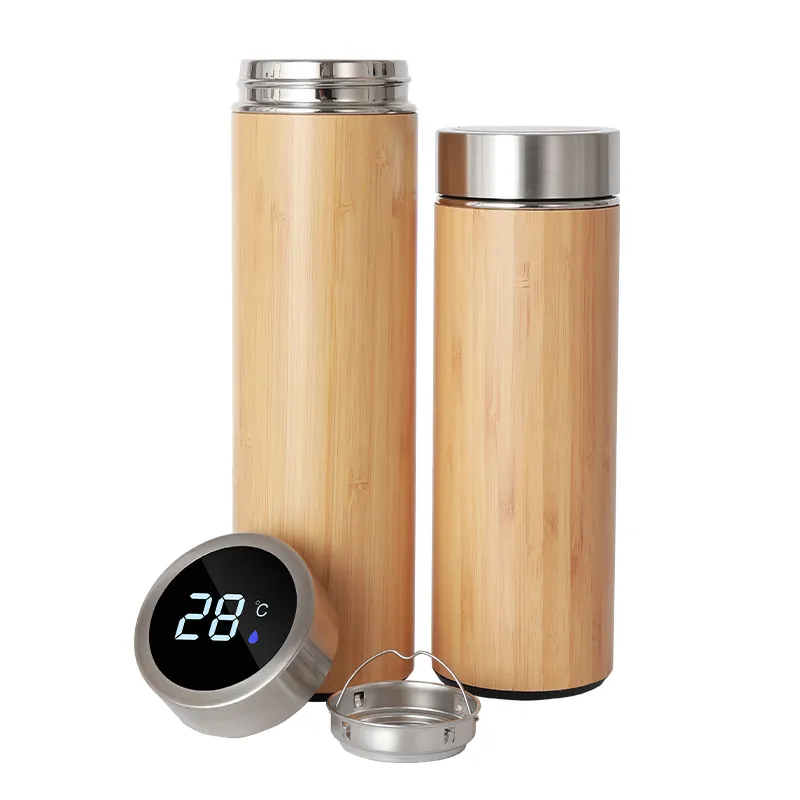 Double wall Lid Insulated LED Temperature Display Smart Bamboo Water Bottle With Reminder To Drink Water