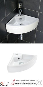 Vasque de salle de bain en céramique triangulaire murale moderne blanche personnalisée, lavabo à trou unique, facile à nettoyer, petite taille, coin lavabo - Product Image 5