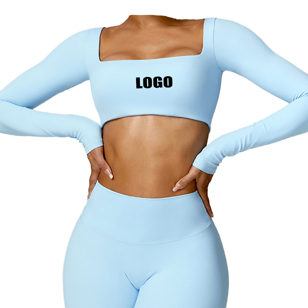 Long Sleeved Solid Square Collar Crop Top Women Winter Skinny Fit Yoga Gym Wear Breathable Spandex/Nylon Heat-Transfer Printed