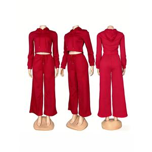 Conjunto Feminino Cropped Hoodie Plus Wide Leg Pants Solid Color Casual Style European American Look <b>Set</b> - Product Image 3
