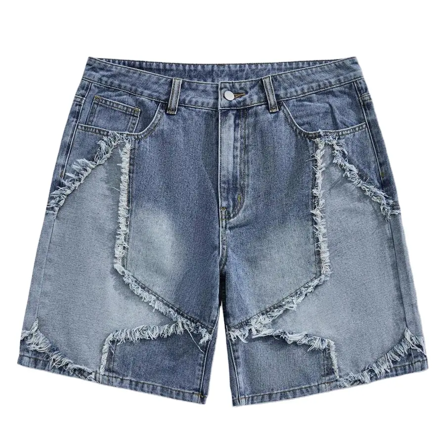 Toppe ricamate personalizzate con Logo bordo tagliato con orlo grezzo striato Streetwear Jean da uomo Jorts sfilacciato orlo Denim pantaloncini larghi