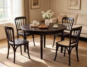 Vintage Dark Wood <b>Round</b> <b>Dining</b> <b>Table</b> Set, Farmhouse Windsor Chairs with Rattan Seats - Product Image 1