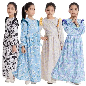 高品质全印花a线长袖马克西春季东南亚青少年儿童穆斯林儿童女童连衣裙