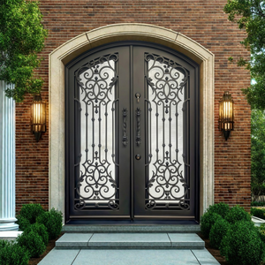 Porta d'Ingresso Principale in Ferro Battuto di Lusso Personalizzata NFRC, Design a <span class=keywords><strong>Doppia</strong></span> <span class=keywords><strong>Anta</strong></span> con Finestra Circolare Superiore - Product Image 4