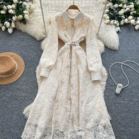Robe élégante pour femmes WIWT, robe décontractée à manches longues avec broderie en dentelle et ceinture, pour tous les jours et les soirées, robes pour femmes