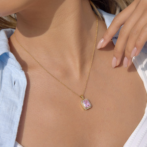 Pink Zircon Pendant Necklace Gold <b>Chain</b> Pave Setting Geometric Square Women's Jewelry Gift Leisure Fashion - Product Image 3