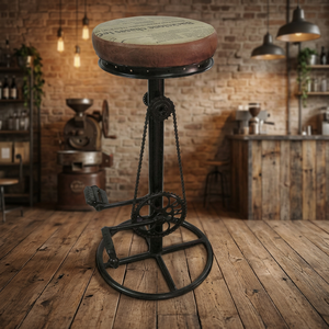 Tabouret de bar commercial en métal noir, design industriel et vintage, peint à la main, avec assise en cuir, pour bar à domicile et hôtel - Product Image 3