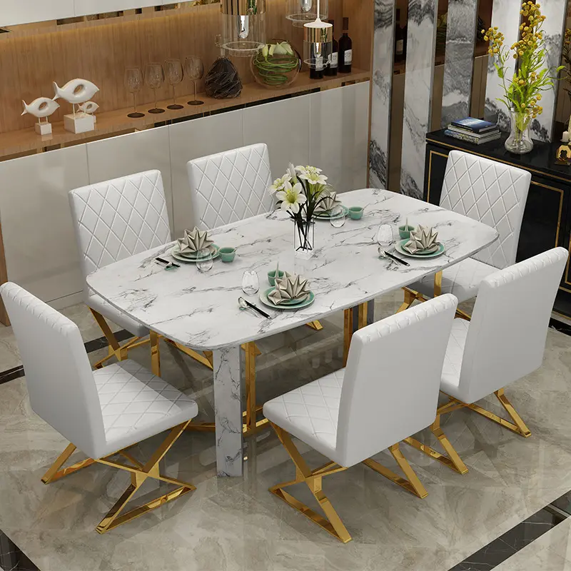 Table à manger en marbre avec cadre en métal doré moderne de luxe pour salle à manger