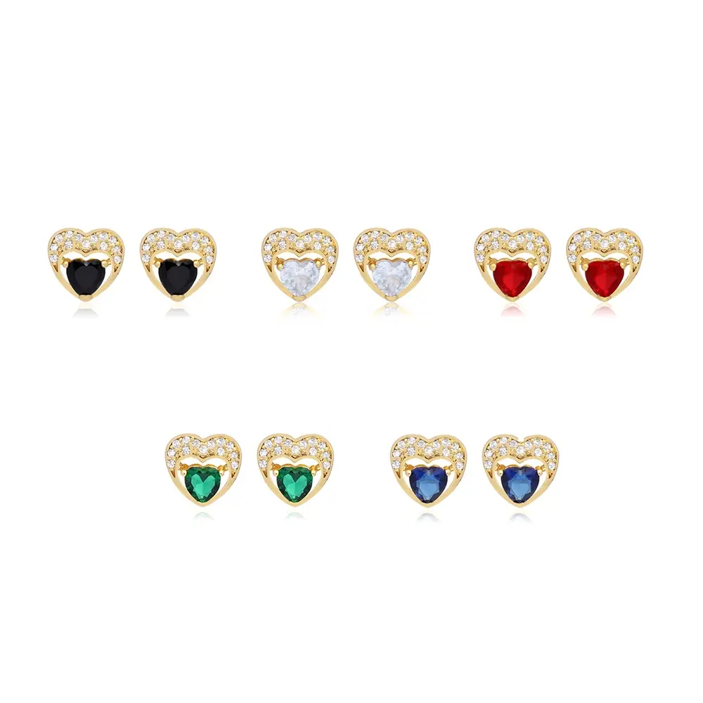 JXX hot sale 24k gold plated female green/blue/red heart earing stud women's heart shape stud earrings with zirconia stone
