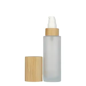 Pot de bouteille en verre rond givré pour crème pour le visage produits de lotion de soin de la peau avec fabrication de bouteille de couvercle en bois de bambou