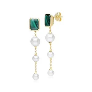 Gemnel high quality 18ct gold plated sterling silver malachite pearl dangle drop pearl earring