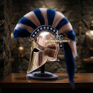 Casco de Armadura Espartana Romana de Diseño Griego Medieval, Casco Corinthiano de Latón Chapado en Oro con Detalles Azules, Usable - Product Image 1