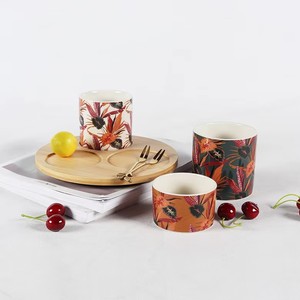 Ensemble de 3 bols de service en céramique peints à la main avec plateau en <span class=keywords><strong>bois</strong></span>, motif feuille tropicale et soleil, pour fruits, salades, desserts, cadeau de fête - Product Image 3